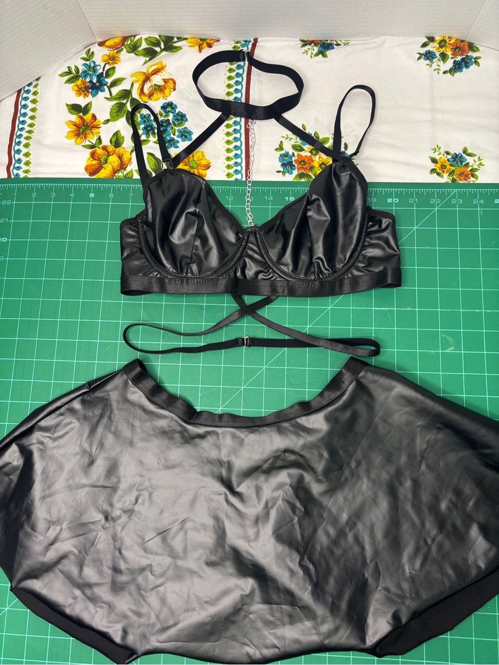 Women’s Black Faux Leather Strappy Bralette & Skirt Set Metal Chain & Choker